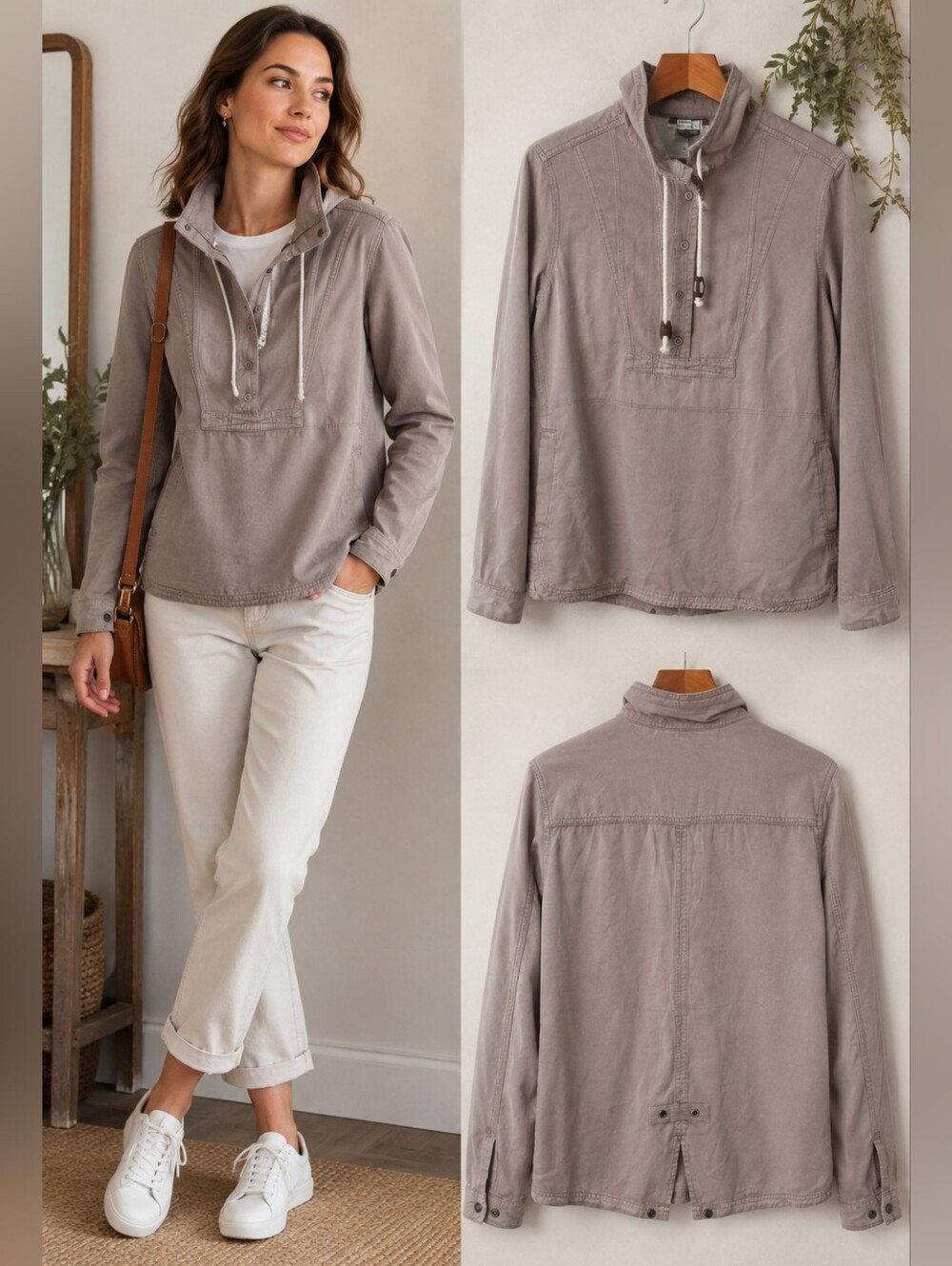 Eddie Bauer M Utility Pullover Jacket Taupe Gray Outdoor Anorak Lightweight